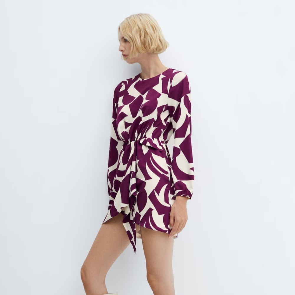 MANGO Purple Cream Abstract Print Lightweight Long Sleeve Mini Dress Medium NWT - Picture 3 of 15